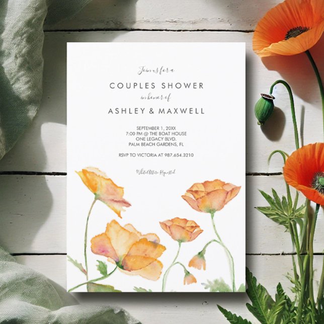 Paare Dusche Orangefarbene Wasserfarbenpflaumen Einladung (Couples shower invitations watercolor orange poppy flowers by Victoria Grigaliunas Do Tell A Belle)