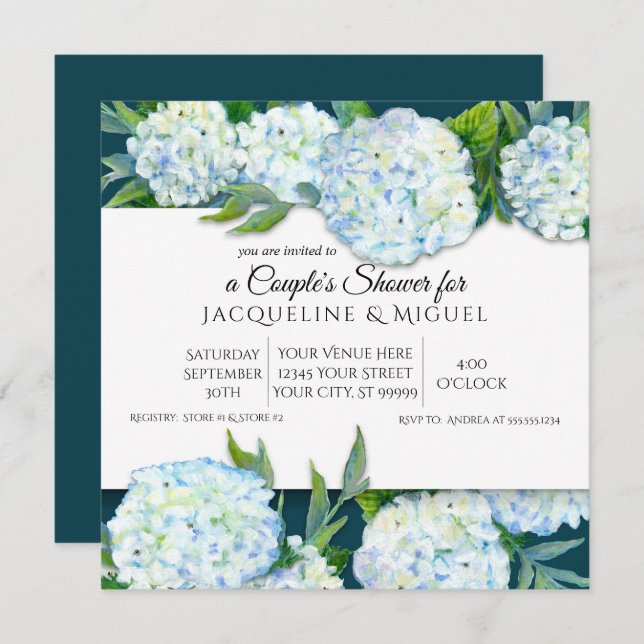 Paare Dusche Peacock Blue White Hydrangea Floral Einladung (Vorne/Hinten)