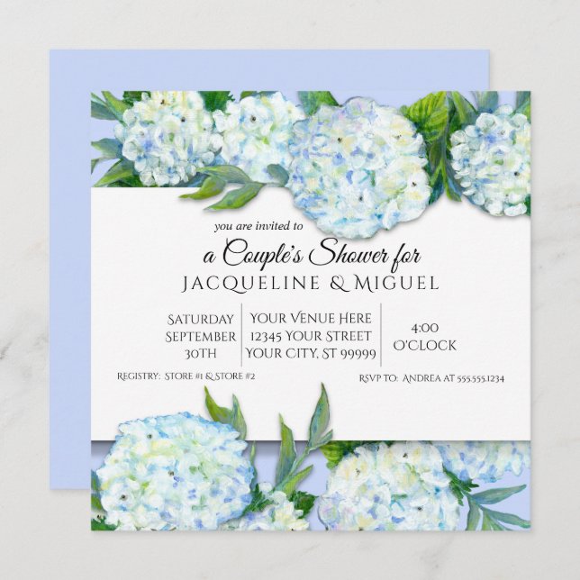Paare Dusche Periwinkle n White Hydrangea Floral Einladung (Vorne/Hinten)