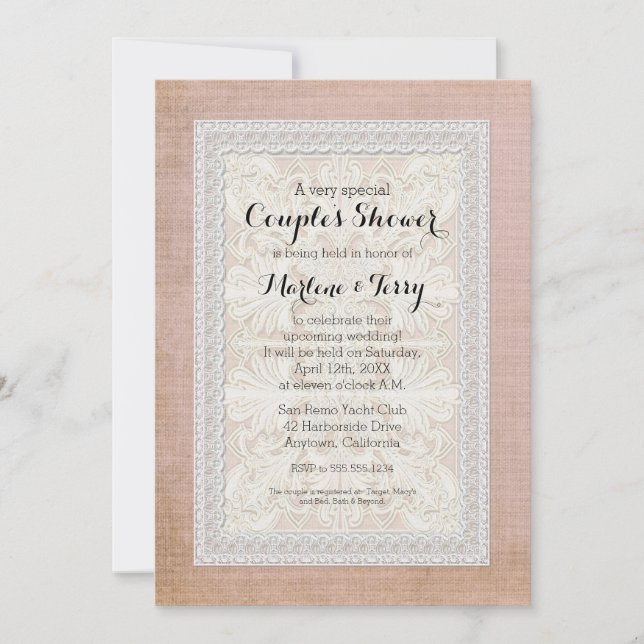 Paare Dusche Rustikale Spitzen mit Vintagem Leinen Einladung (Vorderseite)