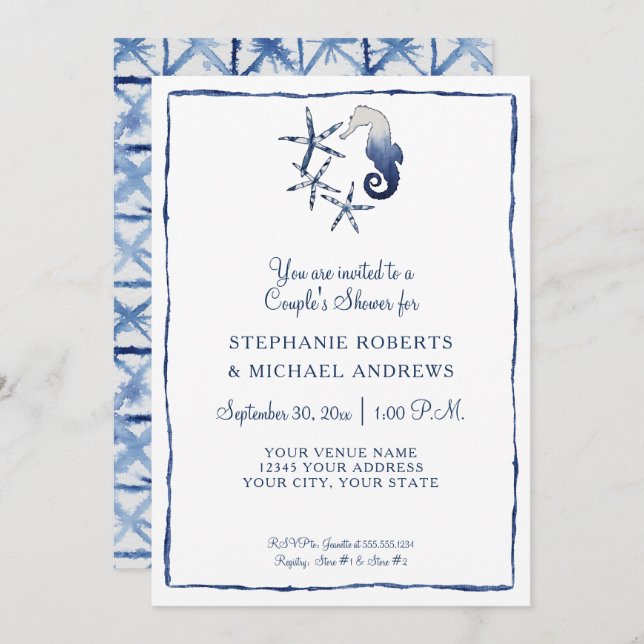 Paare Dusche Shibori Seepferd Starfish Beach Art Einladung (Vorne/Hinten)