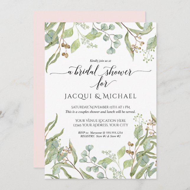 Paare Dusche Wasserfarbe Eukalyptus Grüne Rosa Einladung (Vorne/Hinten)