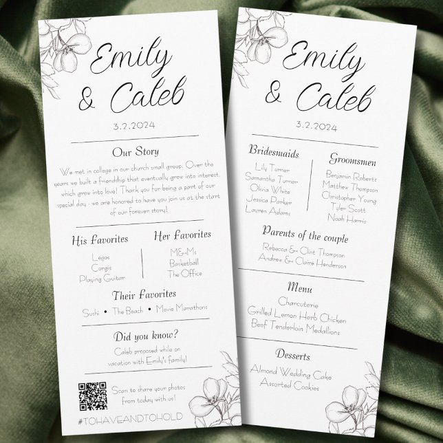 Paare Fakten Schwarz-Weiß-Blütenhochzeit Programm (combo menu and wedding program "about us" fun facts ceremony reception photo QR code floral romantic)