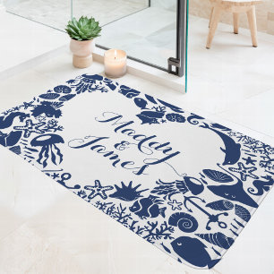 Paare Herz-Monogramm für Navy & White Sea-Kreature Badematte