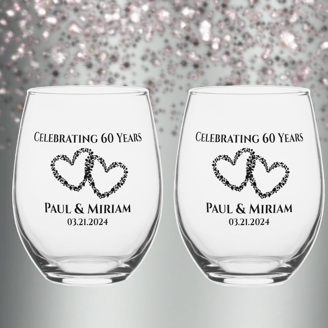 Paare Name 60 Jubiläum Geschenk Original Herz Weinglas Ohne Stiel (Personalize keepsake 60th anniversary elegant hearts glass. Add names date for favorite or gift.
)