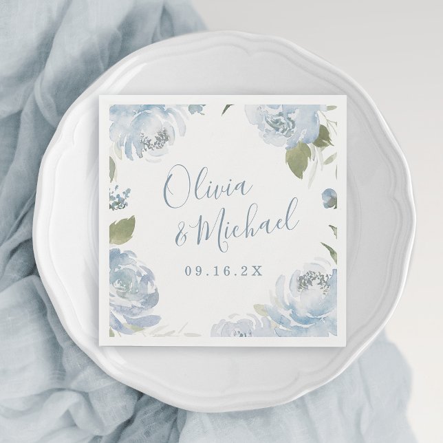 Paare Namen Romantische dustische blaue Blumenhoch Serviette (Couple names Romantic dusty blue floral wedding Napkins)