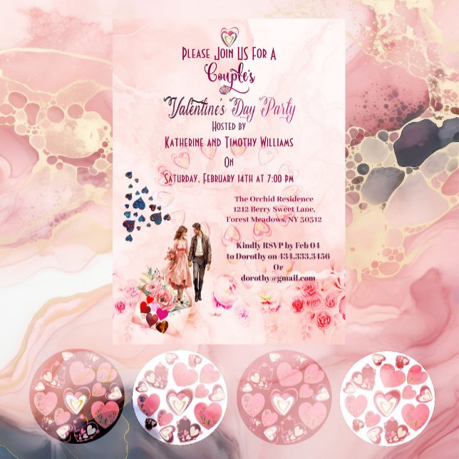 Paare Rosa Blumenkohl Valentinstag Party Einladung (Couples Pink Floral Hearts Valentine's Day Party Invitation)