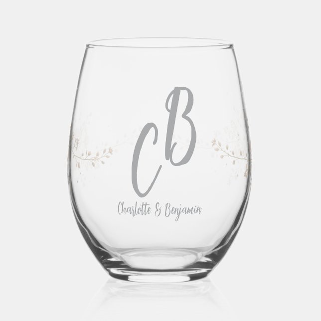 Paarvögel Monogramm Blumen Elegante Hochzeit Weinglas Ohne Stiel (Links)