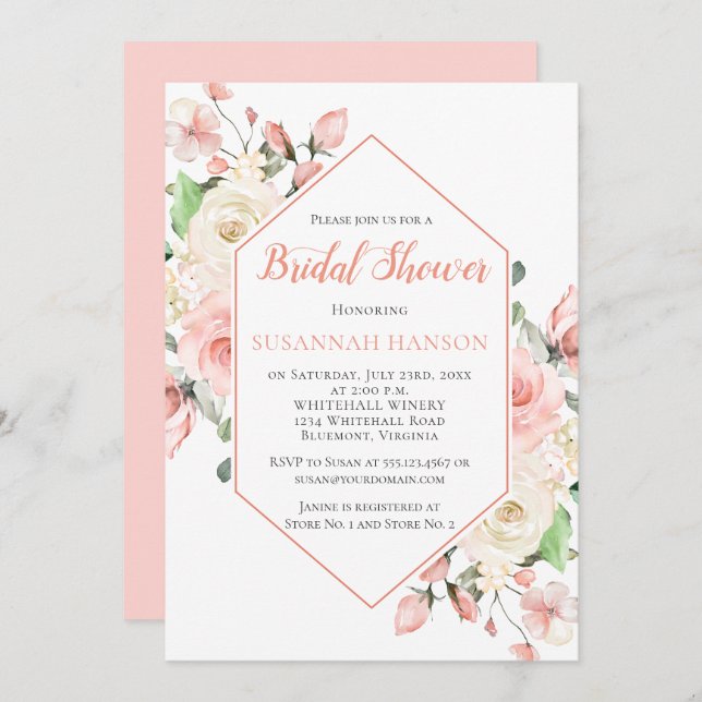 Pachelrosa- und Weißrosenrahmen-Brautparty Einladung (Vorne/Hinten)