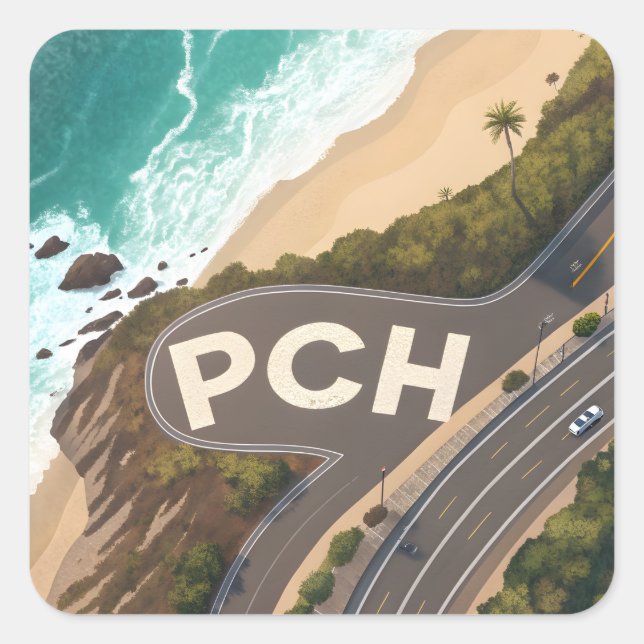 Pacific Coast Highway Aerial Travel Art Quadratischer Aufkleber (Vorderseite)