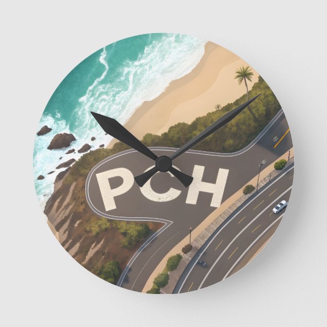Pacific Coast Highway Aerial Travel Art Runde Wanduhr (Vorderseite)