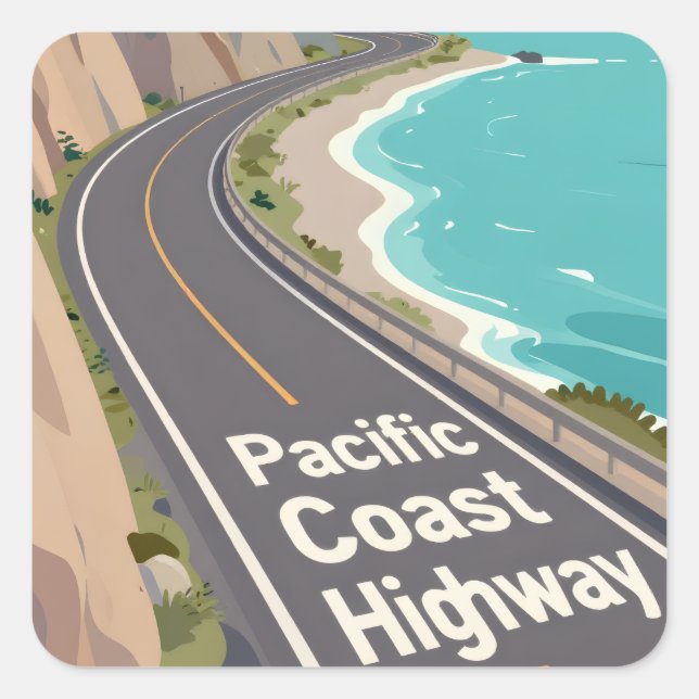 Pacific Coast Highway Graphic Travel Art Quadratischer Aufkleber (Vorderseite)