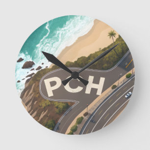 Pacific Coast Highway Luftreise-Kunst Runde Wanduhr