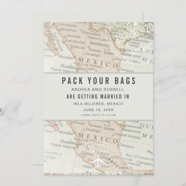 Pack Deine Bags Mexico Map Hochzeit in Urlaubsort  Save The Date (Vorne/Hinten)