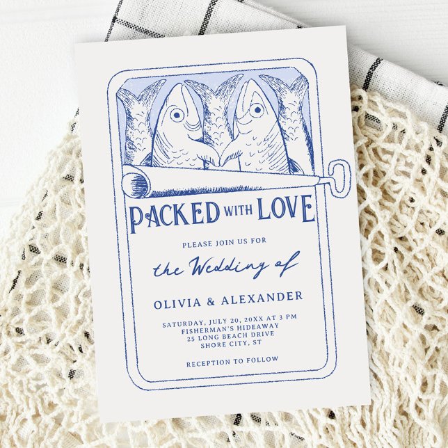 Packed with Love Whimsical Sardines Wedding Einladung (Von Creator hochgeladen)