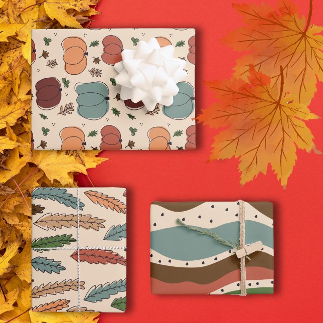 Packung mit Packpapier für die Herbstsaison 1 Geschenkpapier Set (Autumn Season abstract retro wrapping paper set)