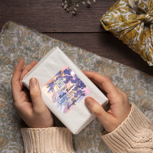 Packungsbeilage für Body Butter Lila QR-LOGO Quadratischer Aufkleber (Body Butter Product Packaging Leafs Purple QR LOGO Square Sticker)