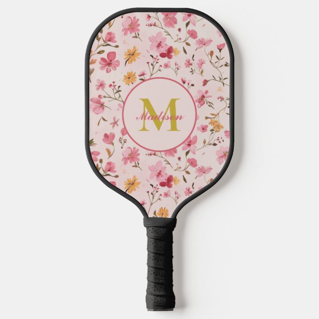 Paddel-Paddel-Paddel mit rosa Floral-Monogramm Pickleball Schläger (Vorderseite)