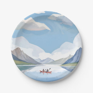 Paddeln auf dem See Natur Berge Aquarell Pappteller