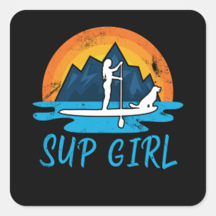 Paddleboarding Sup Girl Dog Retro Geschenk Quadratischer Aufkleber