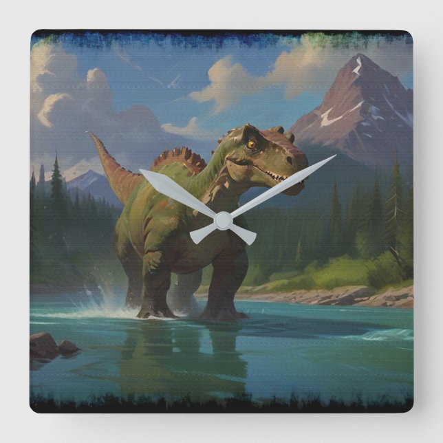 Paddling Brontosaurus & River Fun Quadratische Wanduhr (Vorderseite)