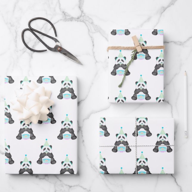 Paddy Party Panda mit Tortenmuster Geschenkpapier Set (Vorderseite)