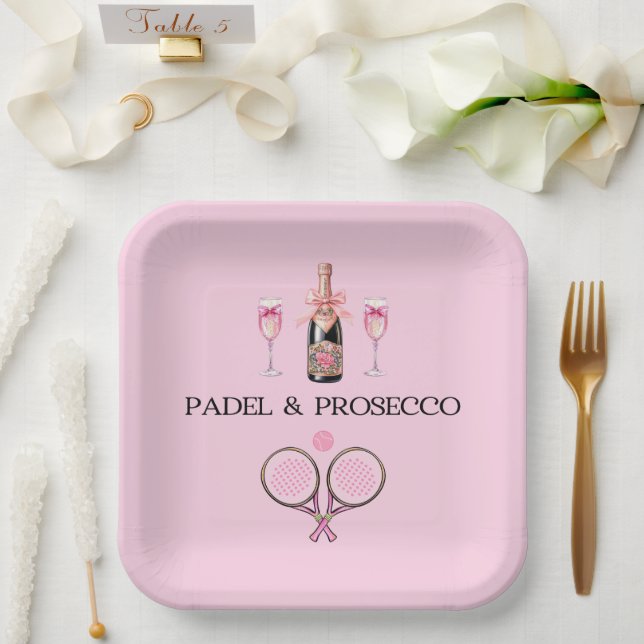 PADEL PLATE: PADEL & PROSECCO CLASSIC PINK/BLACK PAPPTELLER (Hochzeit)