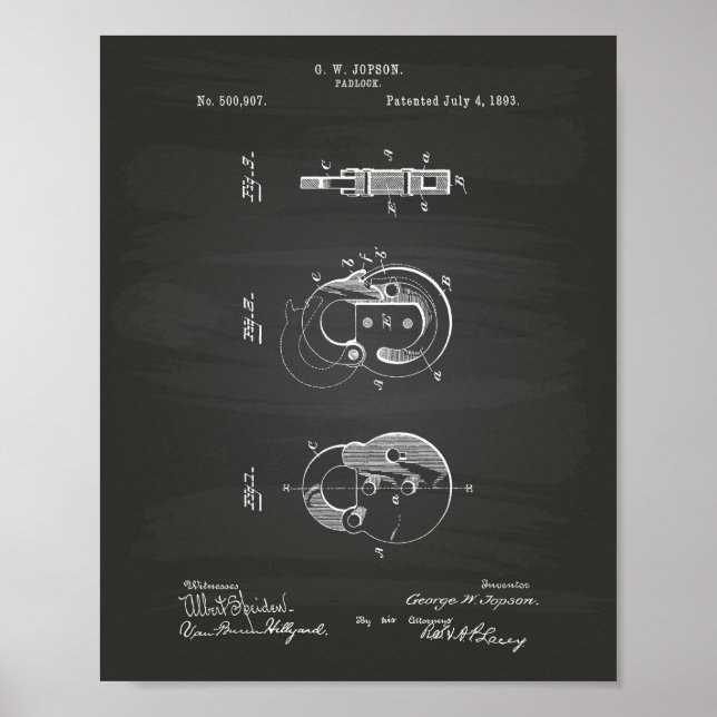 Padlock 1893 Chalkboard für Patentkunst Poster (Vorne)