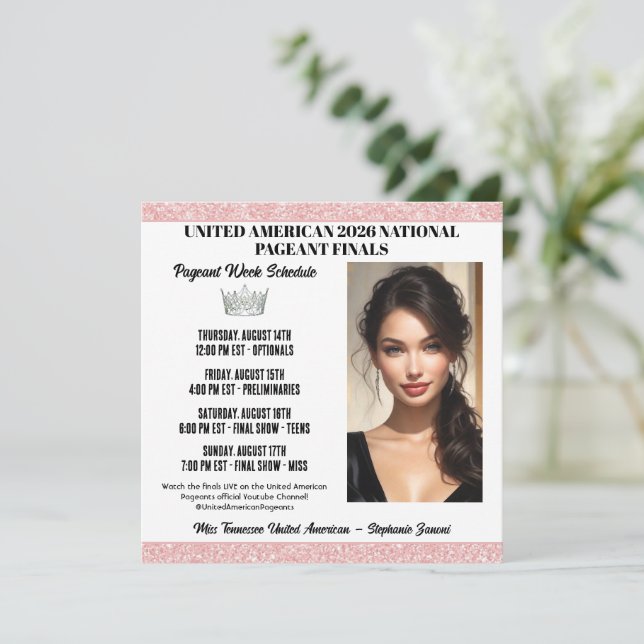 Pageant Zeitplan Einladung - Rose Gold Glitz (Stehend Vorderseite)