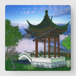 Pagoda Natur Landschaft Fantasy Kunst, Dichtung un Quadratische Wanduhr