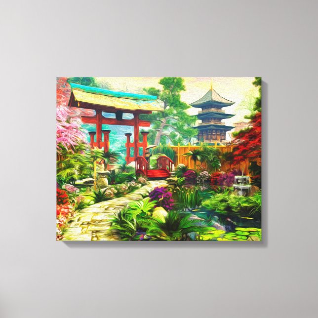 Pagoda Sakura und Wasserfall Leinwanddruck (Vorderseite)