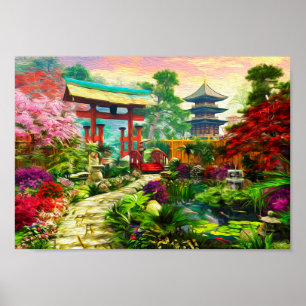 Pagoda Sakura und Wasserfall Poster
