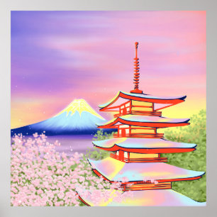 Pagoda Shrine mit Fuji und Sakura in Japan Poster