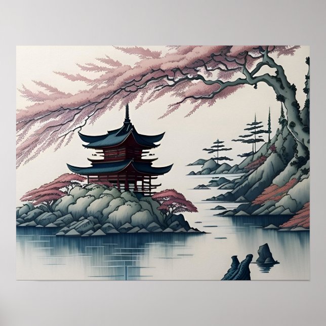 Pagoda und Landschaftsbild Poster (Vorne)