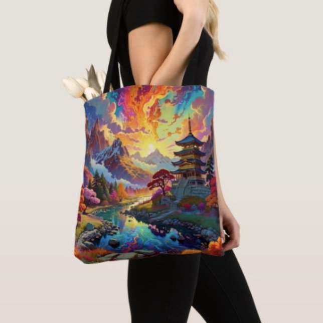 Pagode und farbenfrohe Landschaft ( Pagoda Tote Bag — 100% polyester, black laminated lining 100% cotton web hand. Made in the USA.
)
