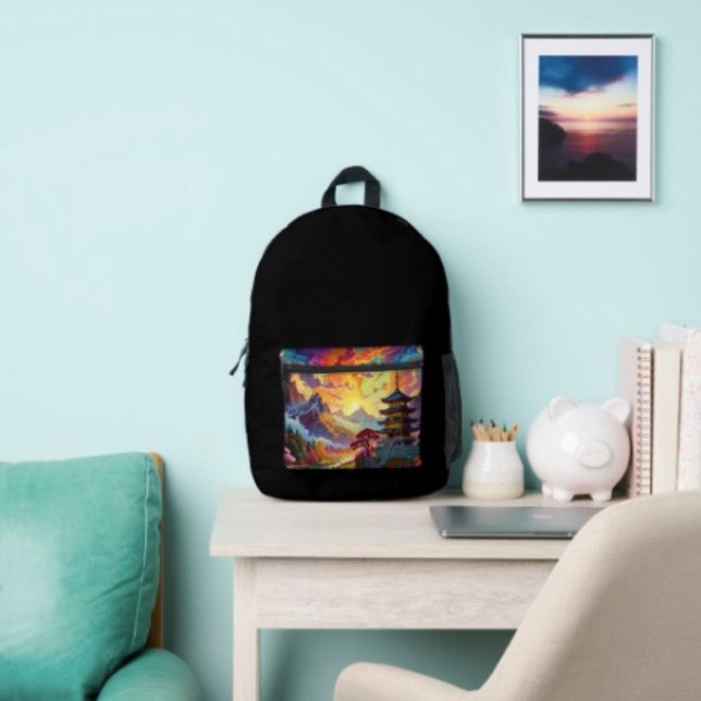 Pagode und farbenfrohe Landschaft Bedruckter Rucksack (Vibrant Pagoda  Fantasy Landscape Back ack lightweight and durable padded shoulder straps. 
)