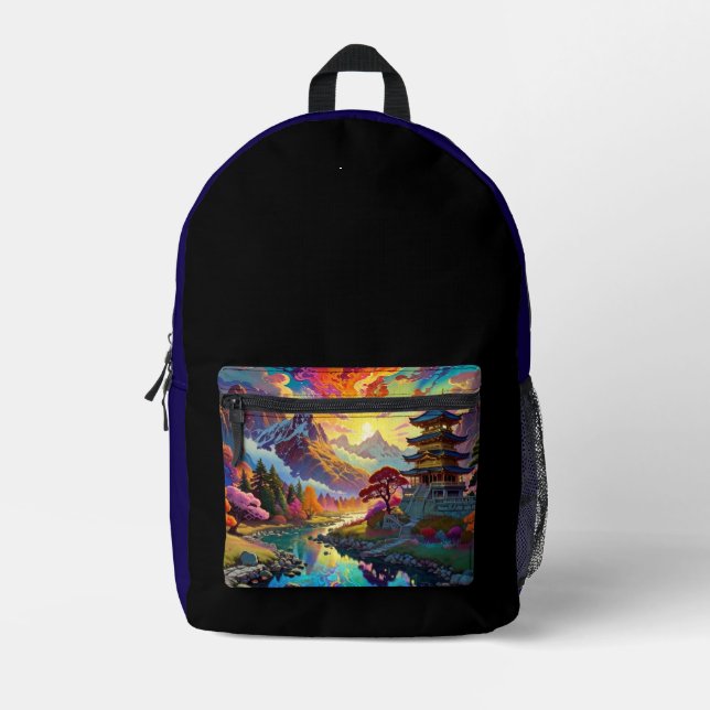 Pagode und farbenfrohe Landschaft  Bedruckter Rucksack (Vorderseite)