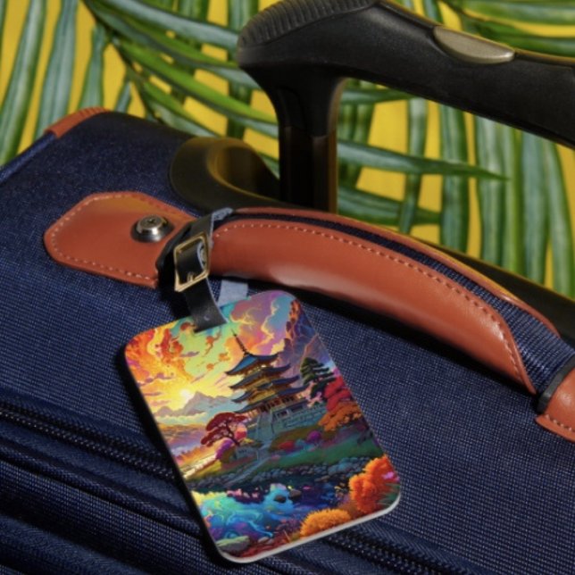 Pagode und farbenfrohe Landschaft Gepäckanhänger (Vibrant Pagoda  Fantasy Landscape single-sided w Card Slot, weatherproof, leather strap included. 
)