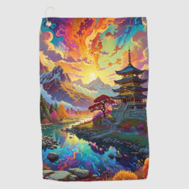 Pagode und farbenfrohe Landschaft Golfhandtuch