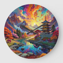 Pagode und farbenfrohe Landschaft Große Wanduhr