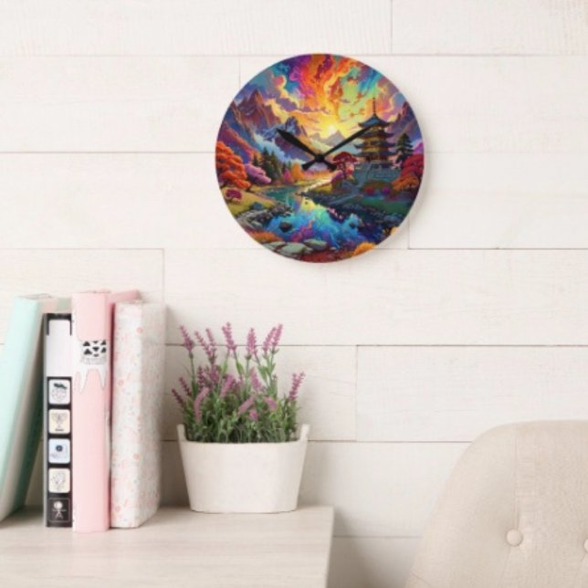 Pagode und farbenfrohe Landschaft Große Wanduhr (Pagoda backside hanging slot  non-ticking design. 2 sizes: 8" diameter or 10  diameter.)