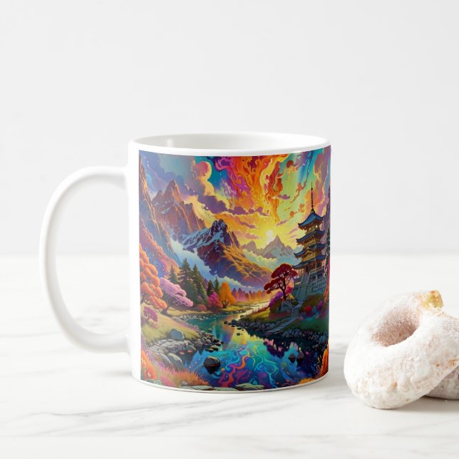 Pagode und farbenfrohe Landschaft Kaffeetasse (Mit Donut)