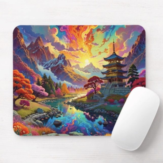 Pagode und farbenfrohe Landschaft Mousepad (Von Creator hochgeladen)