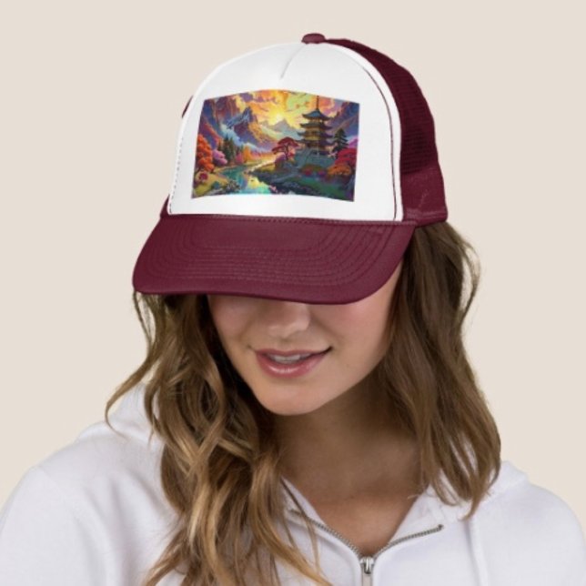 Pagode und farbenfrohe Landschaft Truckerkappe (Pagoda Landscape Trucker Hat   Adjust from 17" to 24" 100% polyester foam front 100% nylon mesh back)