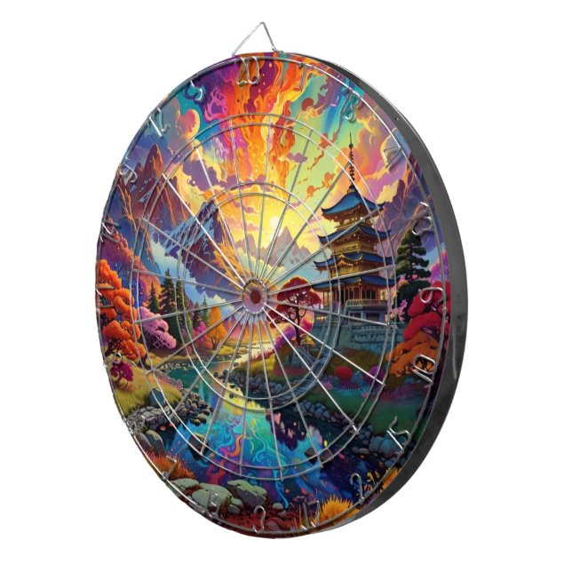 Pagode und farbige Landschaft Dartboard Dartscheibe (Vorderseite rechts)