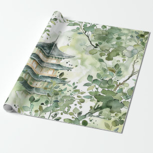 Pagoden-Wald Sage Oliv Wasserfarbe Geschenkpapier
