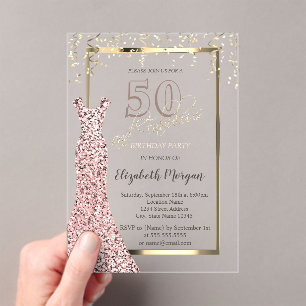 Paillettenkleid Roségold 50. Geburtstag Acryleinladungen