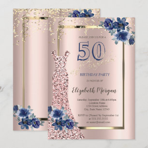 Paillettenkleid Roségold, Blaue Blumen 50.  Einladung