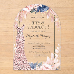 Paillettenkleid Roségold Floral 50. Geburtstag   Acryleinladungen