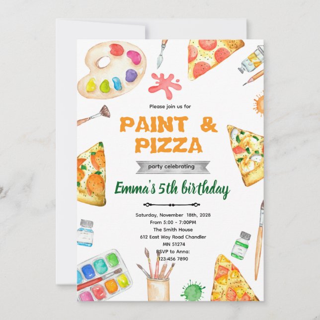 Paint and Pizza theme invite Einladung (Vorderseite)